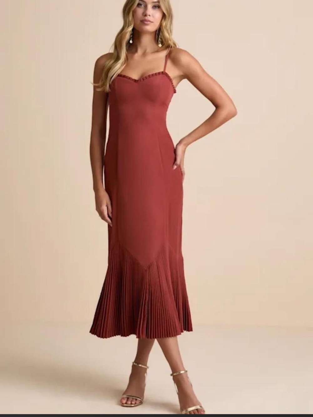 Lulus Channa Rust Red Pleated Hem Midi Dress